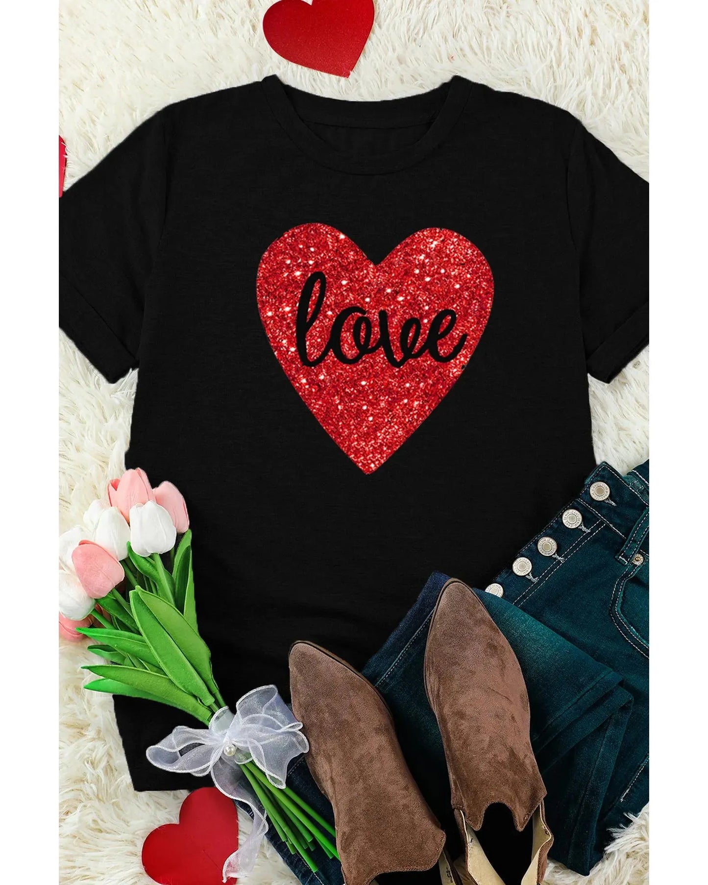Azura Exchange Heart Shaped Glitter Print T-Shirt - S - Scarlett Rolling