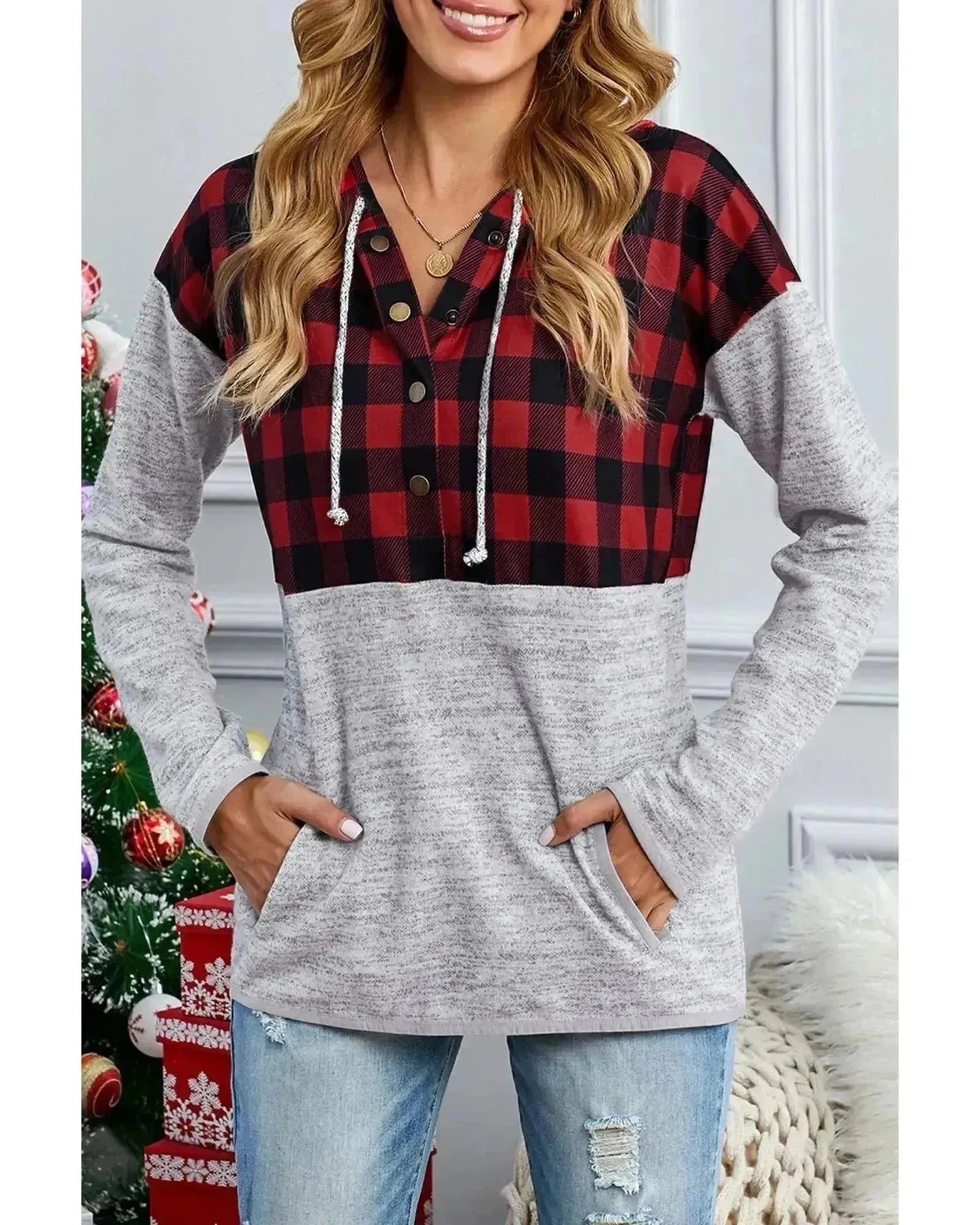 Azura Exchange Plaid Splicing Pocketed Hoodie - S - Scarlett Rolling