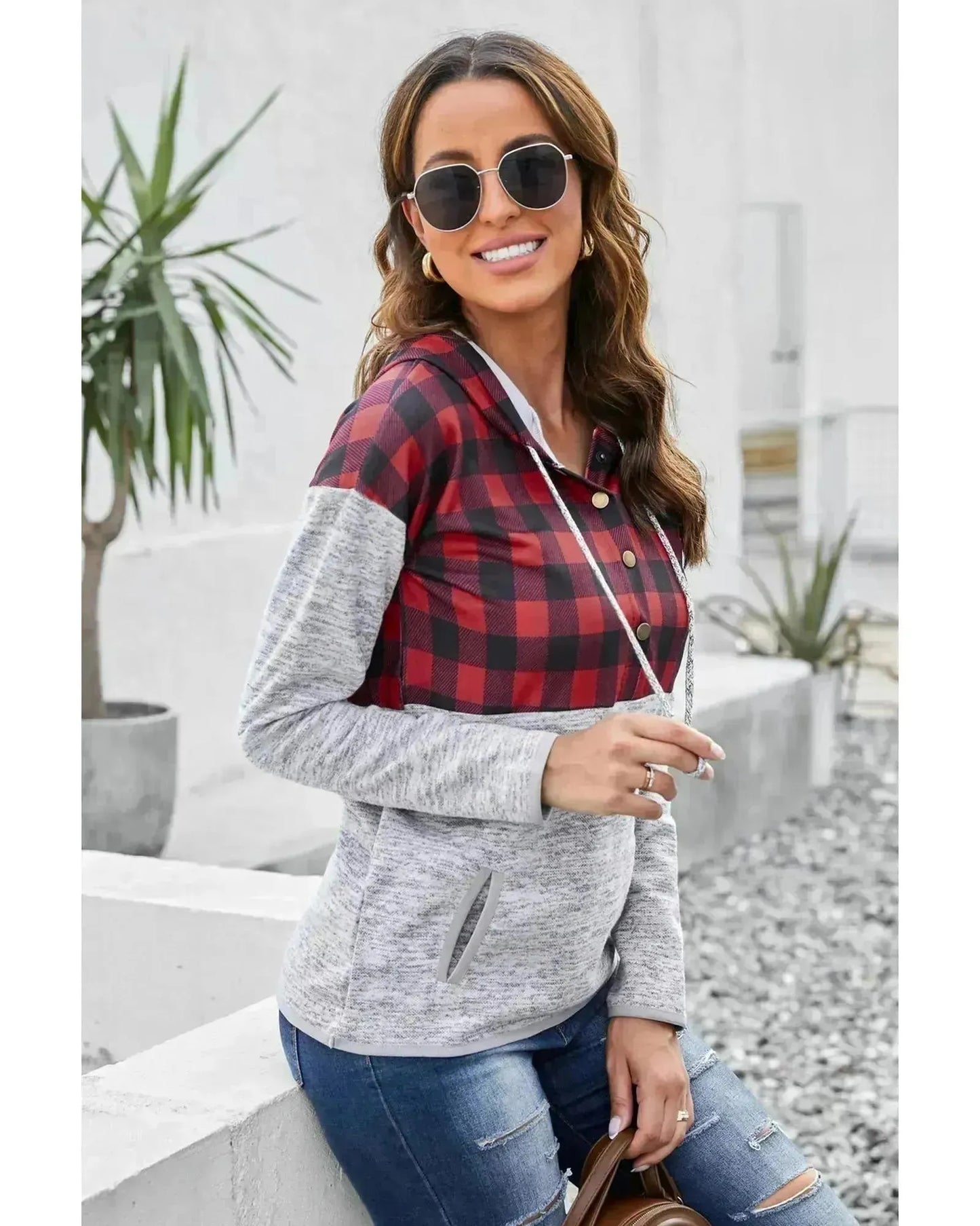 Azura Exchange Plaid Splicing Pocketed Hoodie - S - Scarlett Rolling