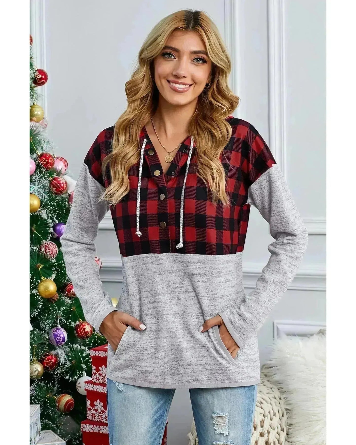 Azura Exchange Plaid Splicing Pocketed Hoodie - S - Scarlett Rolling