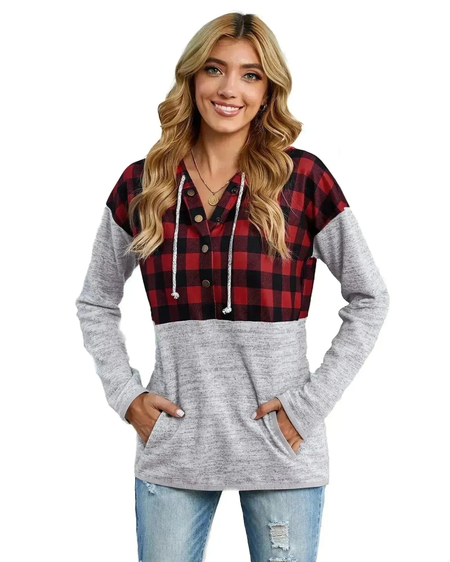Azura Exchange Plaid Splicing Pocketed Hoodie - S - Scarlett Rolling