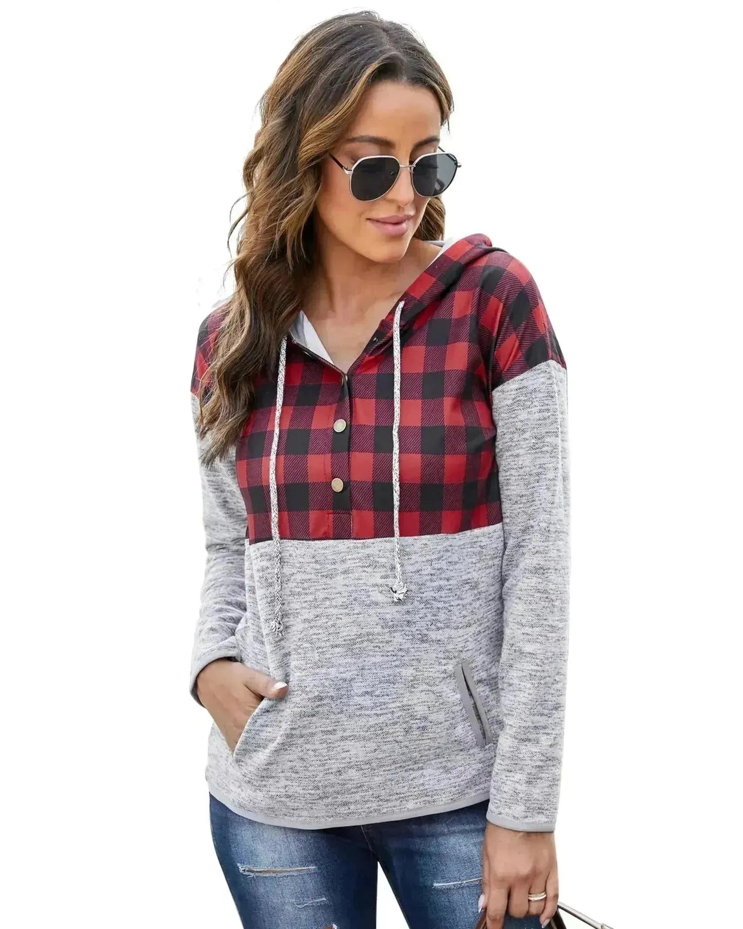 Azura Exchange Plaid Splicing Pocketed Hoodie - S - Scarlett Rolling
