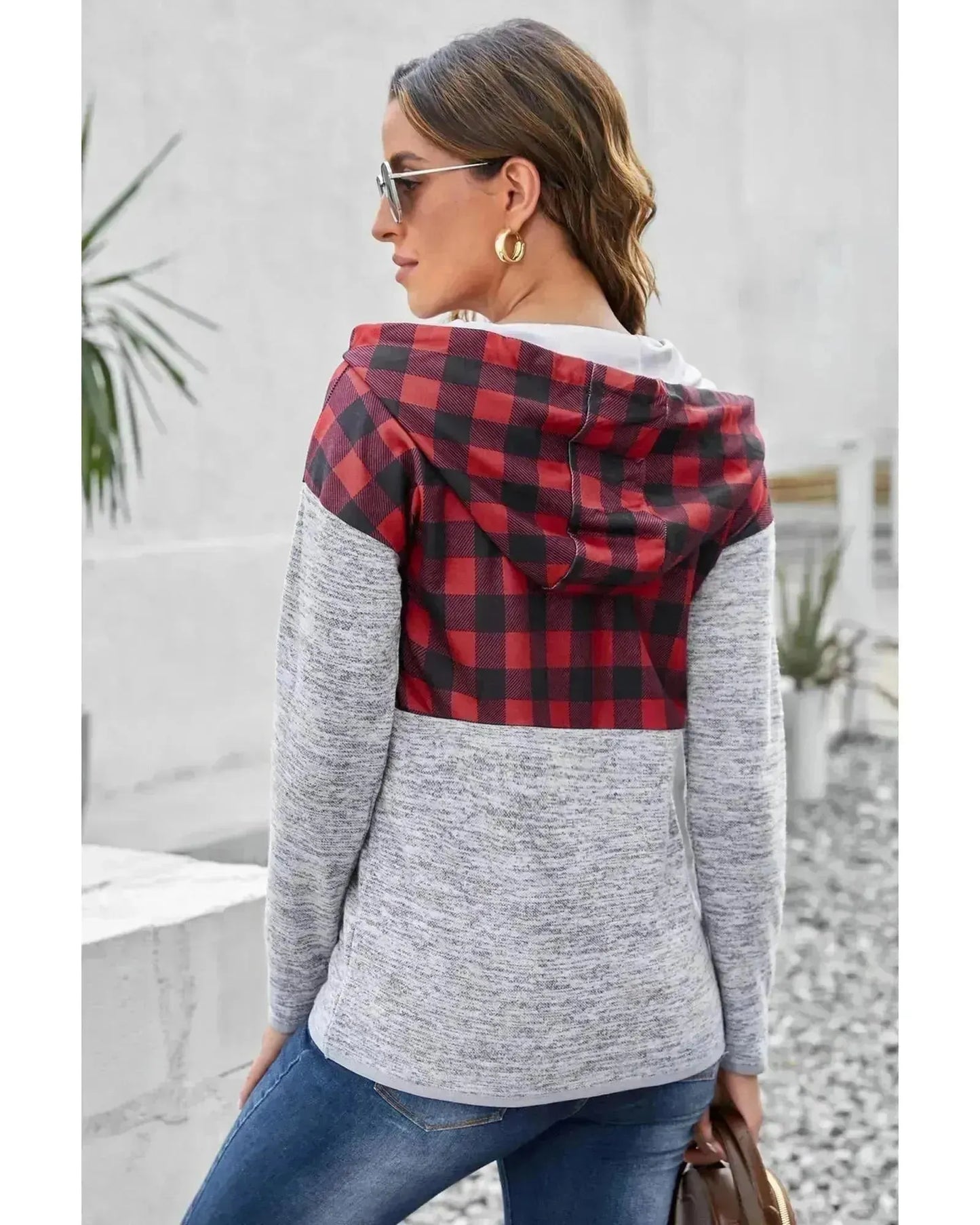 Azura Exchange Plaid Splicing Pocketed Hoodie - S - Scarlett Rolling