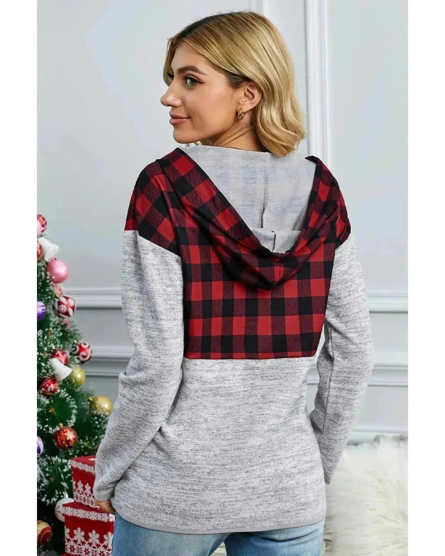 Azura Exchange Plaid Splicing Pocketed Hoodie - S - Scarlett Rolling