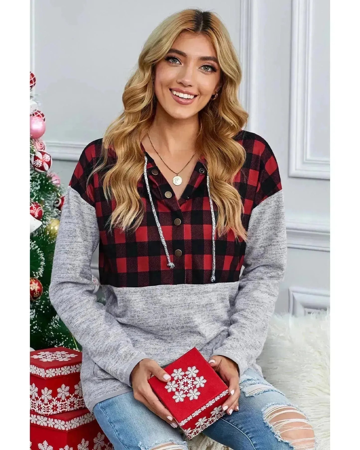 Azura Exchange Plaid Splicing Pocketed Hoodie - S - Scarlett Rolling