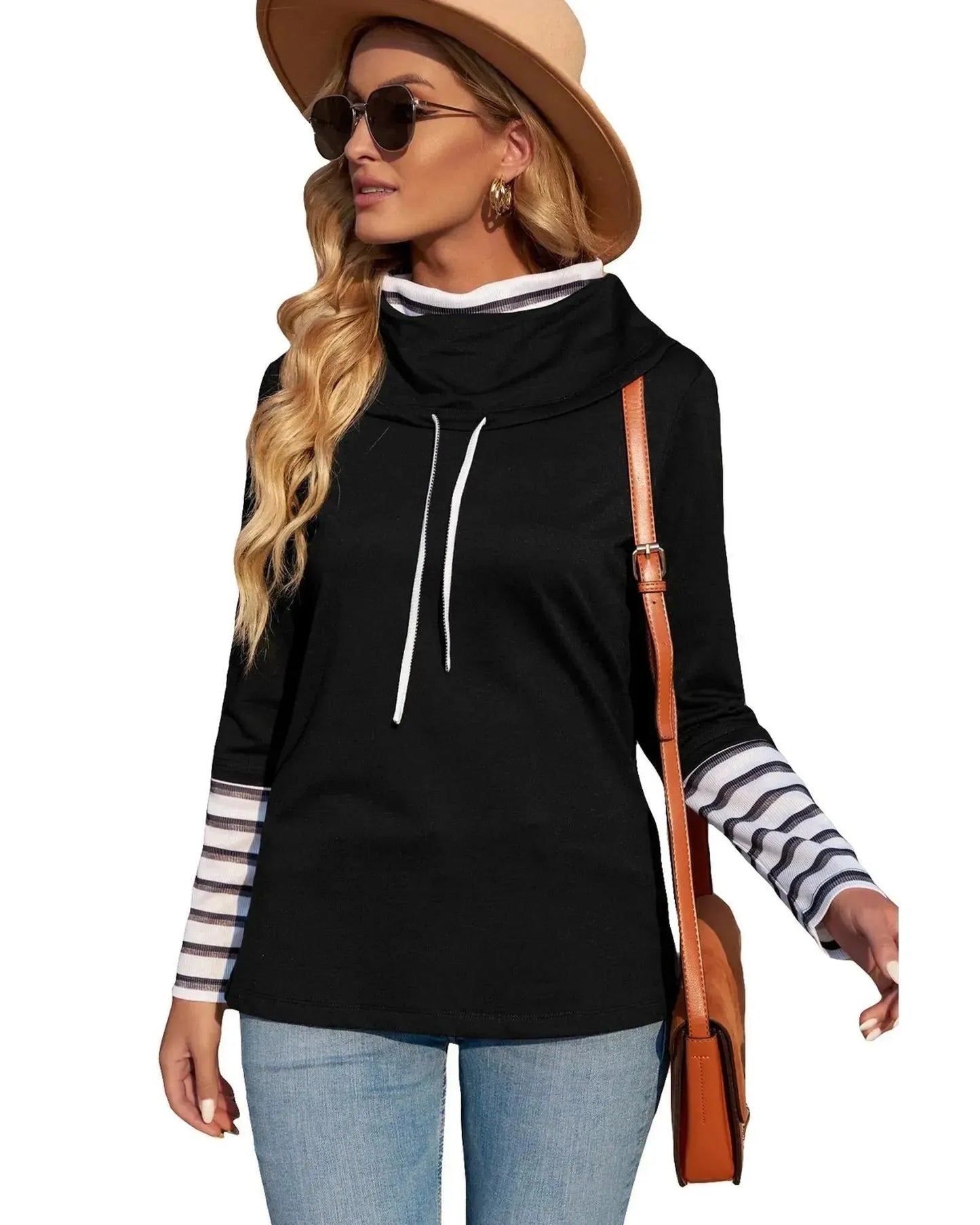 Azura Exchange High Neck Striped Sweatshirt - S - Scarlett Rolling