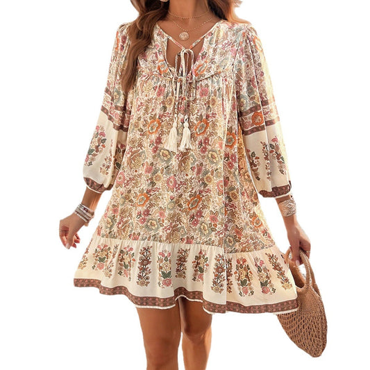 European and American women's spring and summer bohemian casual V-neck printed dress - Scarlett Rolling