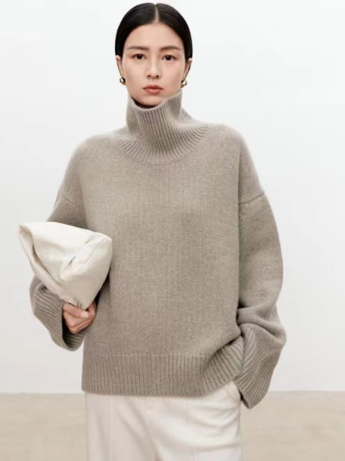 High neck cashmere sweater for women loose and thick with Woolen sweater with a knitted base - Scarlett Rolling