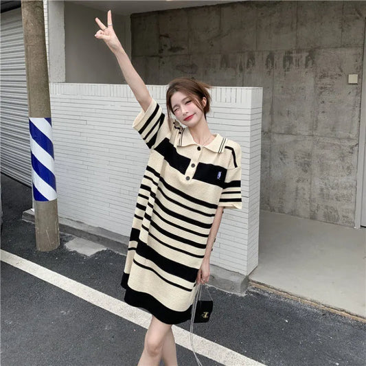 Knite Clothes For Lady Solid Korean Casual Loose Short Sleeve Long Tshirt Dress - Scarlett Rolling