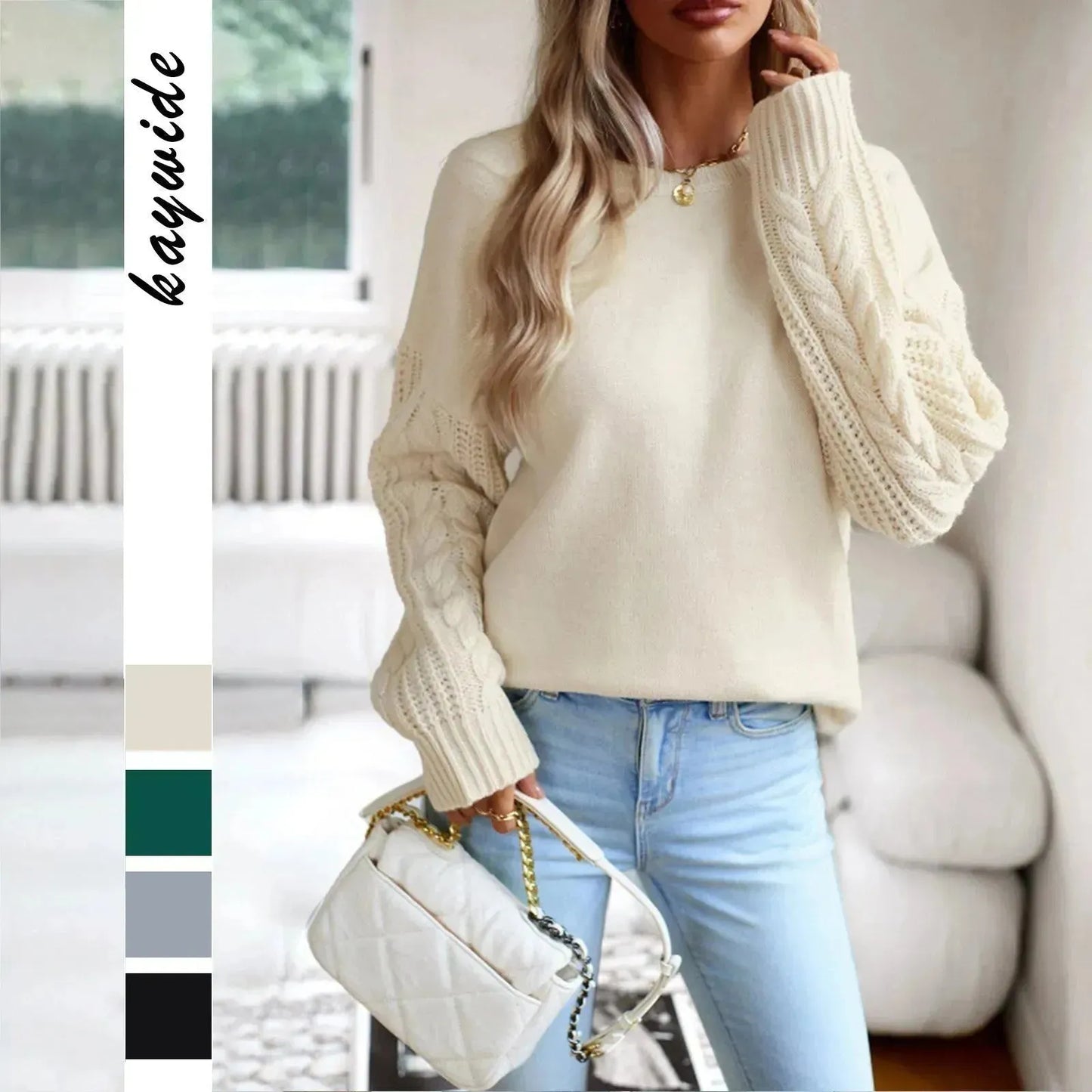 European and American round neck women's long sleeved knitted sweater