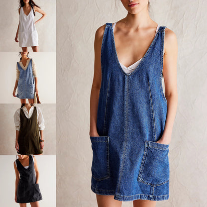 Summer New Women's Dresses Casual Denim Strap Pocket Mini Skirts Vintage Elegant A-Line Denim Backless Sleeveless Dress - Scarlett Rolling