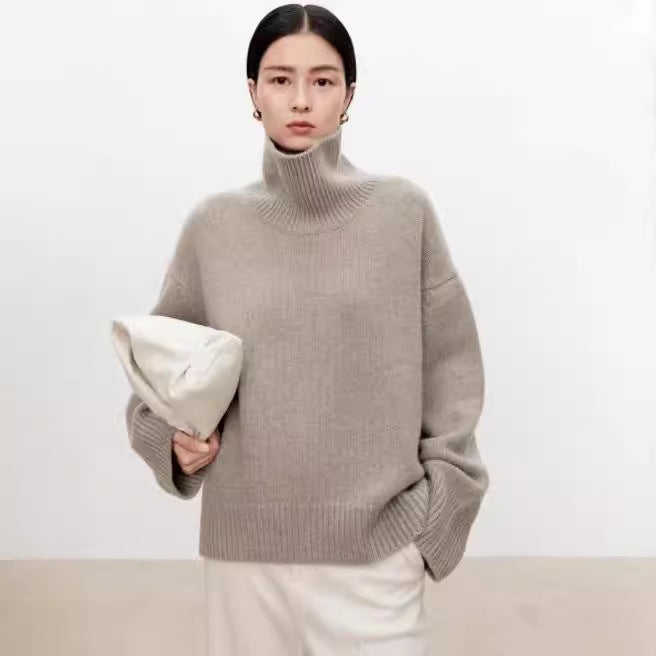 High neck cashmere sweater for women loose and thick with Woolen sweater with a knitted base - Scarlett Rolling