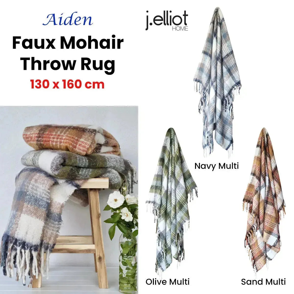 J Elliot Home Aiden Navy Multi Faux Mohair Throw Rug with Fringe 130 x 160cm - Scarlett Rolling