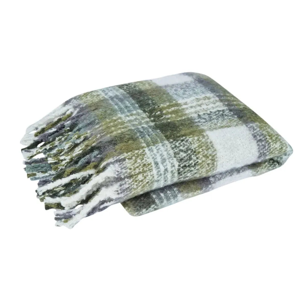 J Elliot Home Aiden Olive Multi Faux Mohair Throw Rug with Fringe 130 x 160cm - Scarlett Rolling