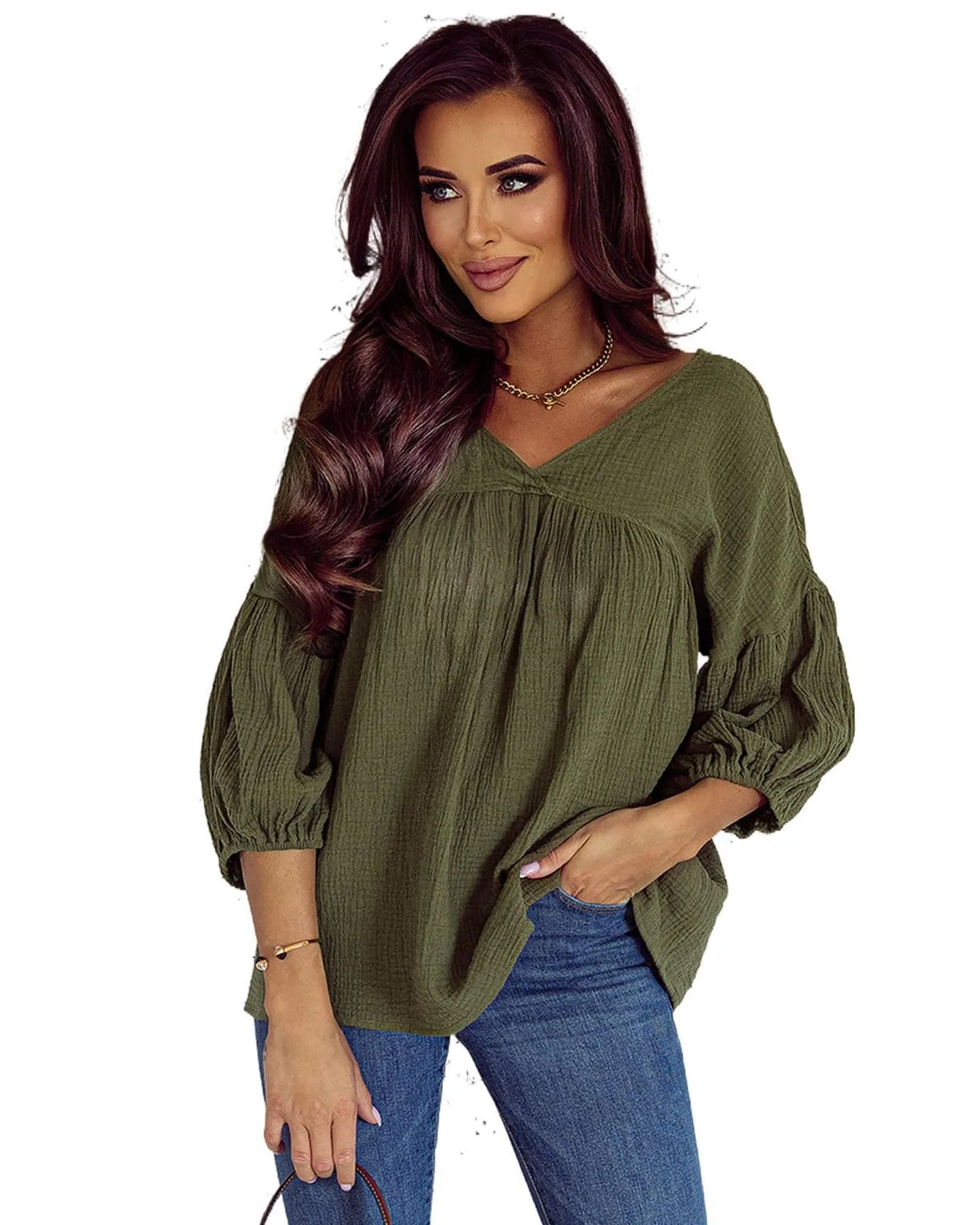 Azura Exchange Textured V Neck Bracelet Sleeve Babydoll Blouse - M - Scarlett Rolling