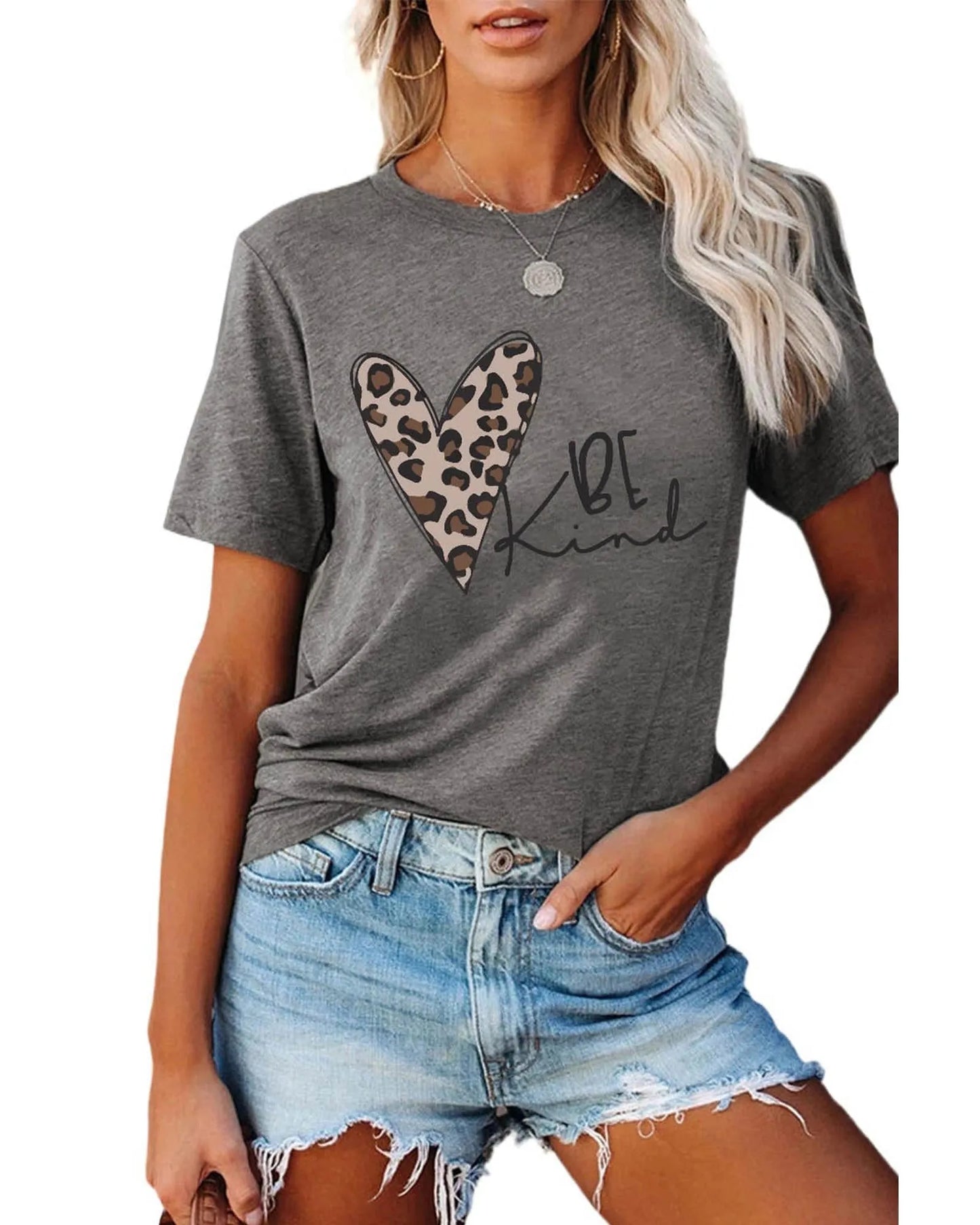 Azura Exchange Leopard Heart Shape Print Short Sleeve T-shirt - L - Scarlett Rolling