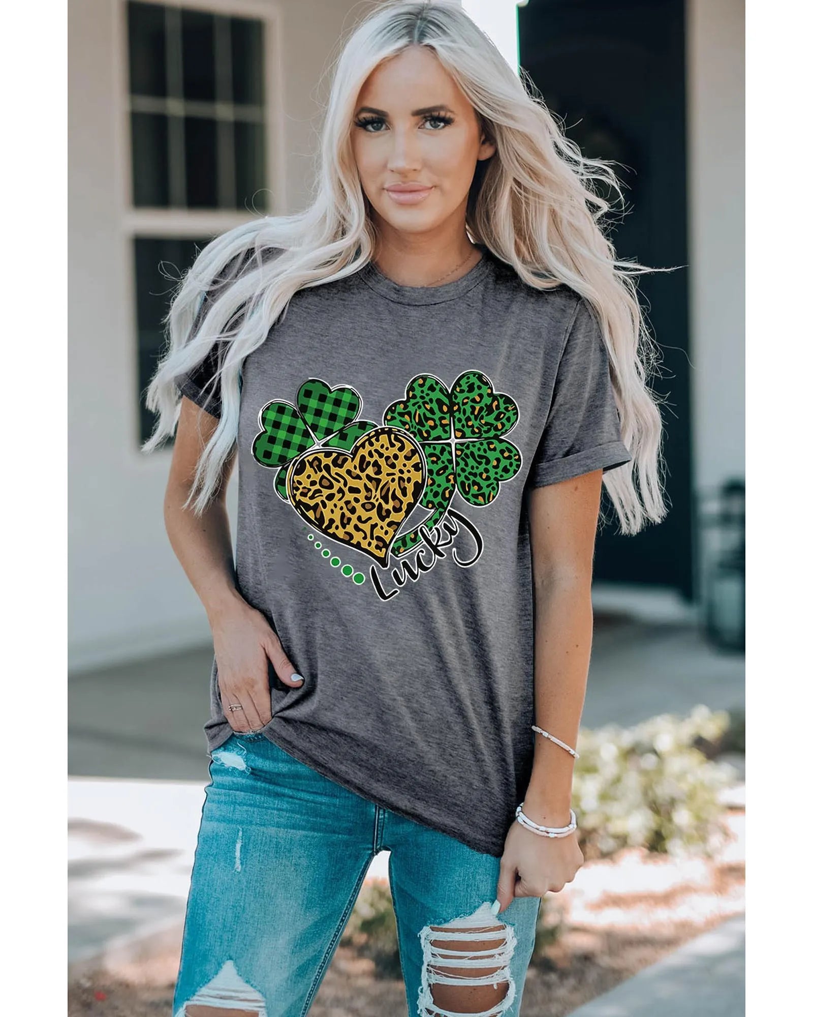 Azura Exchange Leopard Plaid Heart Clover Graphic Print T-Shirt - 2XL - Scarlett Rolling