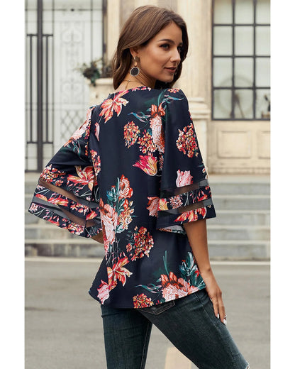 Azura Exchange Flared Sleeve Floral Blouse - L - Scarlett Rolling