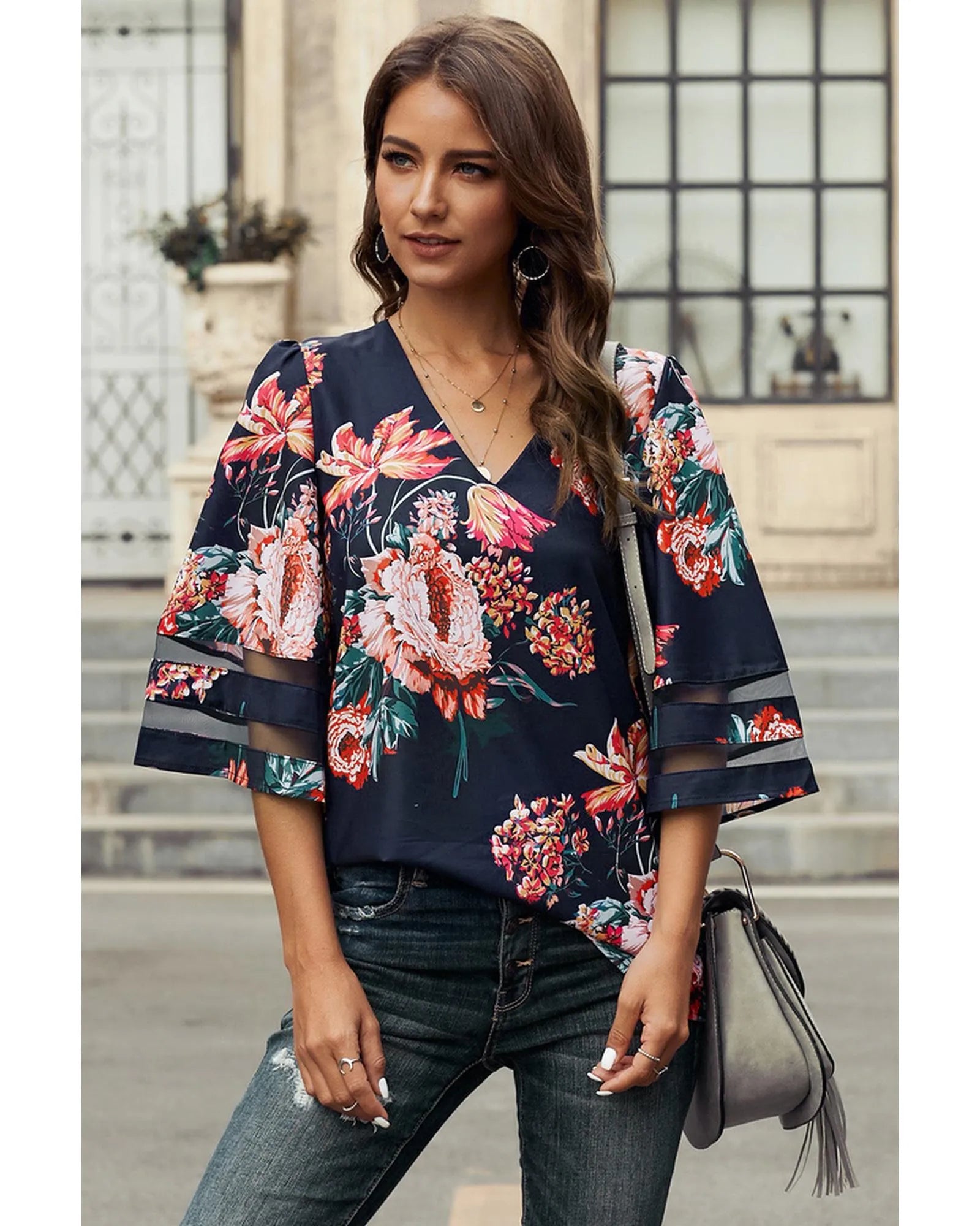 Azura Exchange Flared Sleeve Floral Blouse - L - Scarlett Rolling