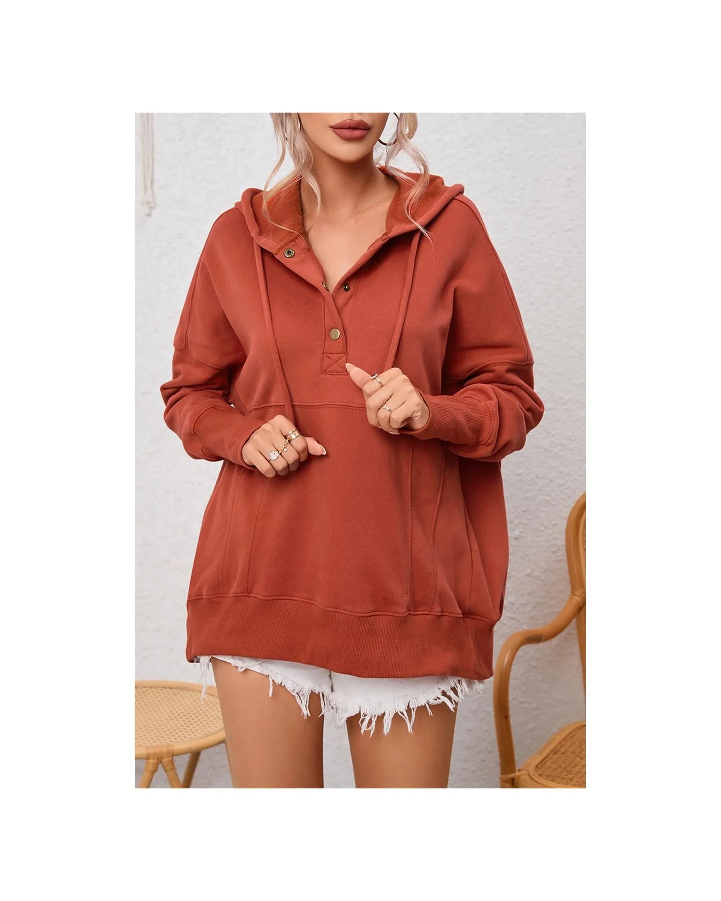 Azura Exchange Oversized Snap Button Hoodie with Thumb Hole in Orange - L - Scarlett Rolling