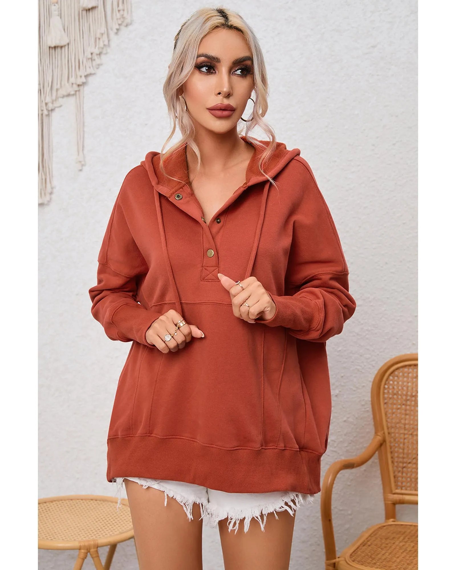 Azura Exchange Oversized Snap Button Hoodie with Thumb Hole in Orange - L - Scarlett Rolling