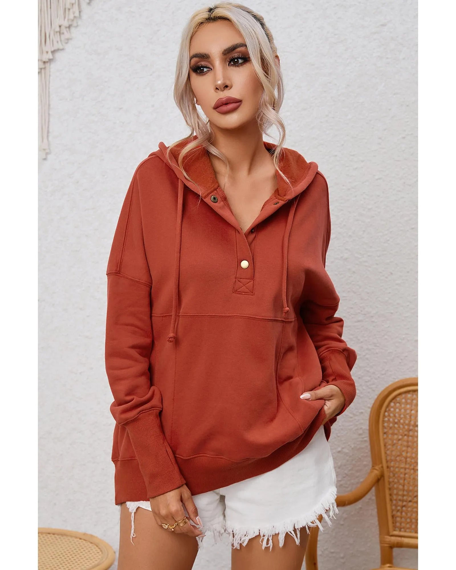 Azura Exchange Oversized Snap Button Hoodie with Thumb Hole in Orange - L - Scarlett Rolling