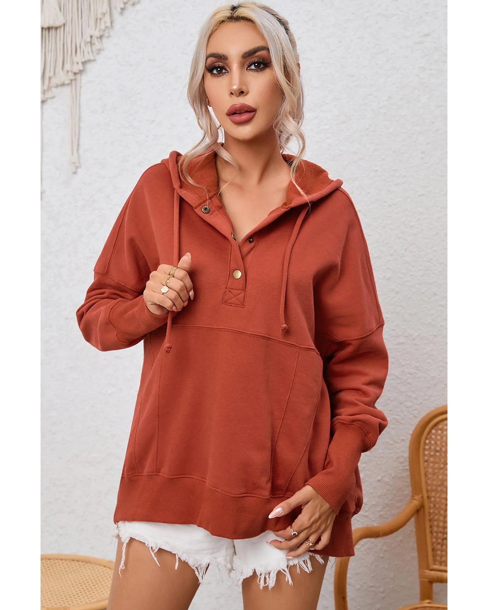 Azura Exchange Oversized Snap Button Hoodie with Thumb Hole in Orange - L - Scarlett Rolling