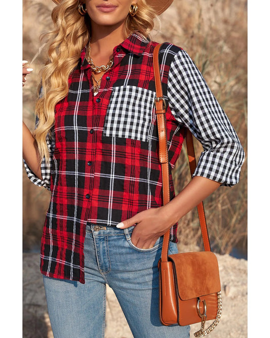 Azura Exchange Plaid Splicing Hit Color Pockets Long Sleeve Shirt - M - Scarlett Rolling