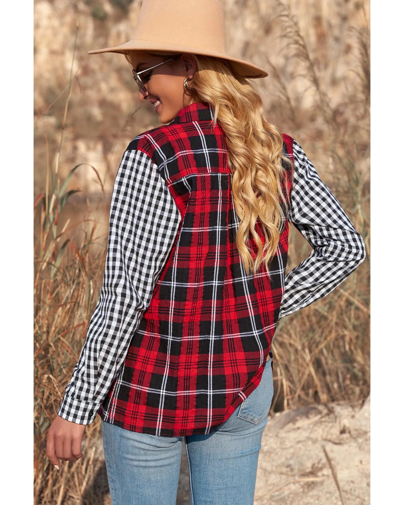 Azura Exchange Plaid Splicing Hit Color Pockets Long Sleeve Shirt - S - Scarlett Rolling