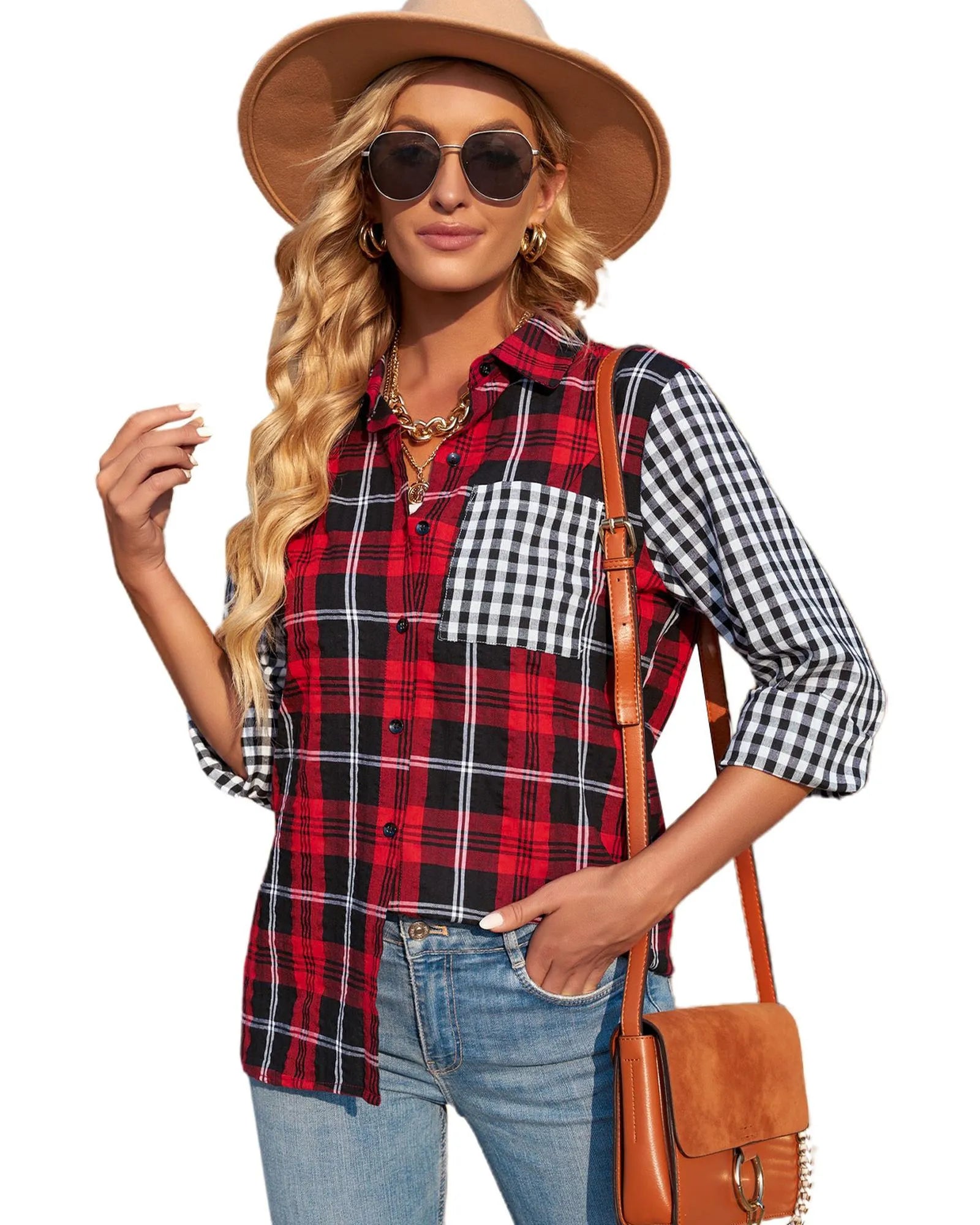 Azura Exchange Plaid Splicing Hit Color Pockets Long Sleeve Shirt - S - Scarlett Rolling