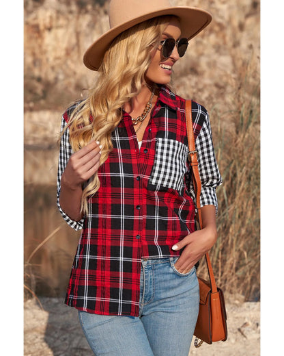 Azura Exchange Plaid Splicing Hit Color Pockets Long Sleeve Shirt - S - Scarlett Rolling