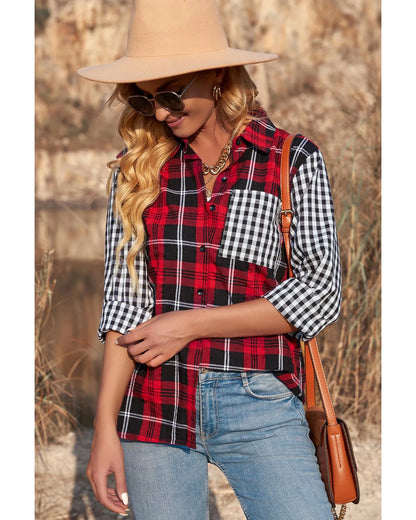 Azura Exchange Plaid Splicing Hit Color Pockets Long Sleeve Shirt - S - Scarlett Rolling