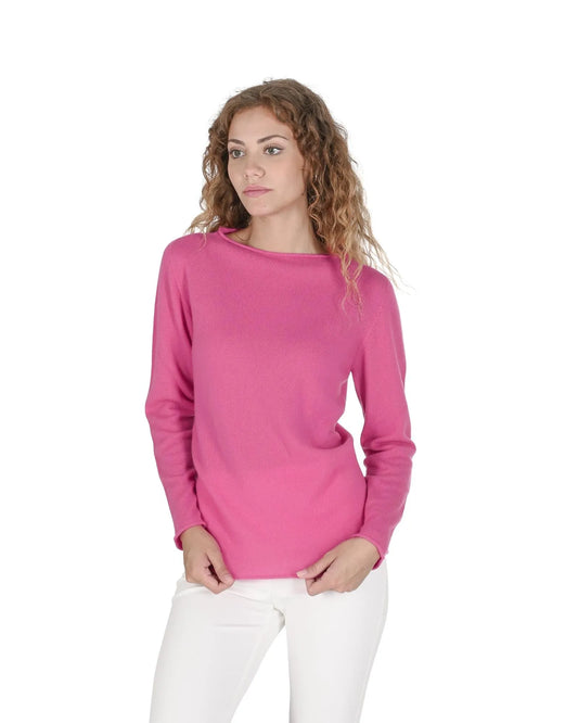 Crown of Edinburgh Cashmere Women's Cashmere Boatneck Sweater in Fuchsia - M - Scarlett Rolling