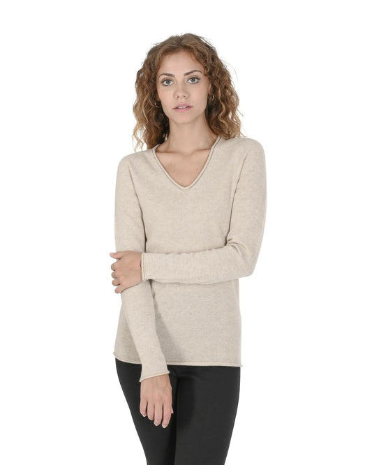 Crown of Edinburgh Cashmere Women's Premium Italian Cashmere V-Neck Sweater in Beige - 46 EU - Scarlett Rolling