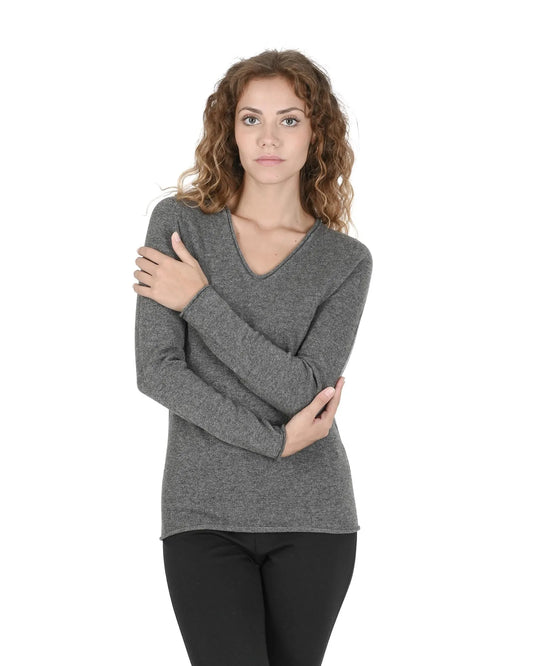 Crown of Edinburgh Cashmere Women's Cashmere V-Neck Sweater for Women in Grey - 42 EU - Scarlett Rolling