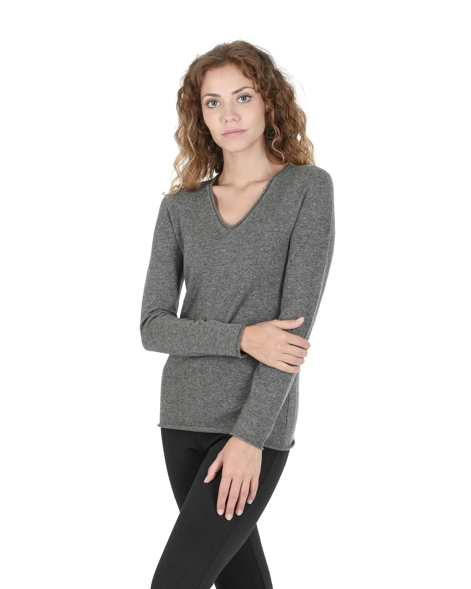 Crown of Edinburgh Cashmere Women's Cashmere V-Neck Sweater for Women in Grey - 48 EU - Scarlett Rolling