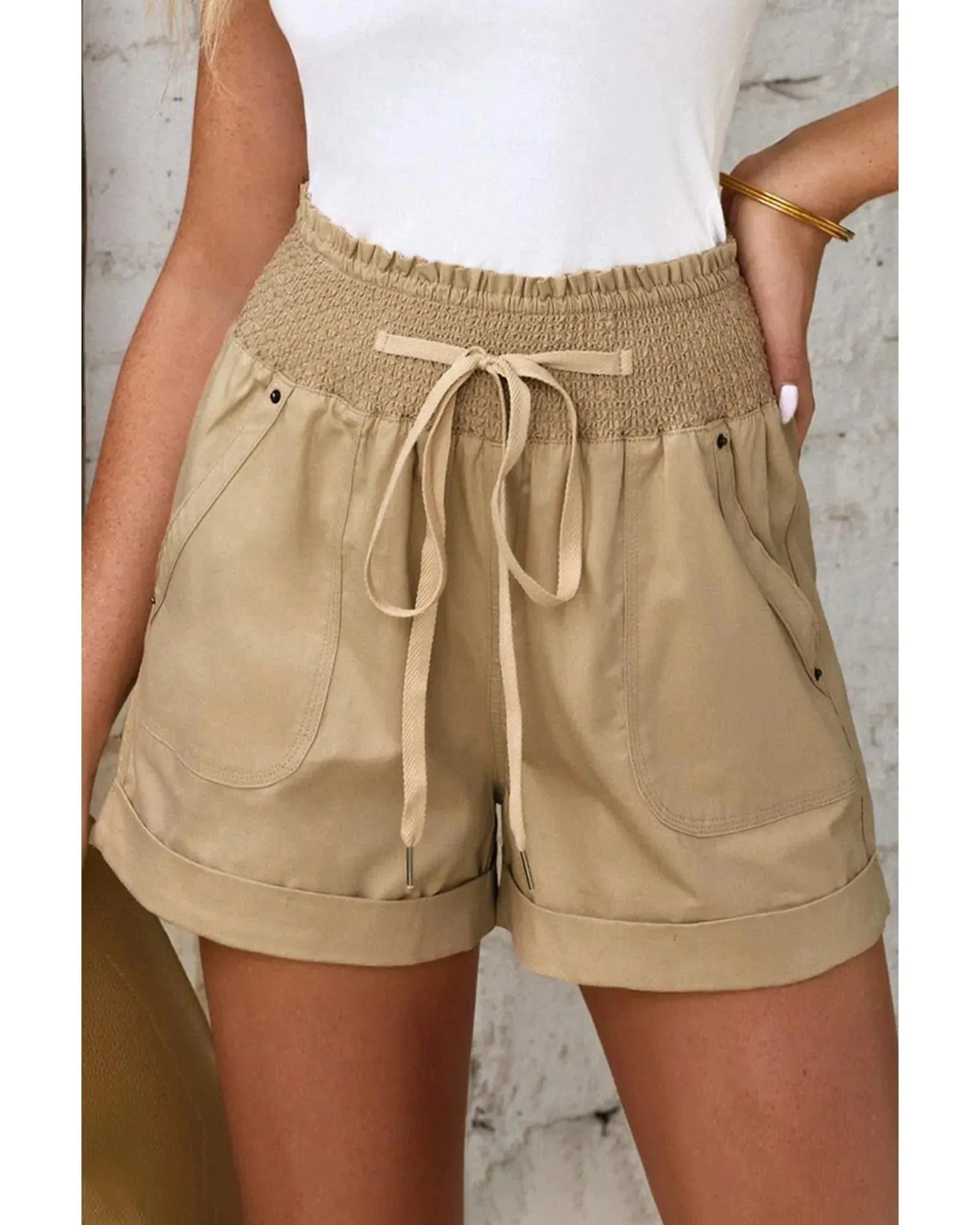 Azura Exchange Drawstring Khaki High Waist Shorts - L - ScarlettRolling