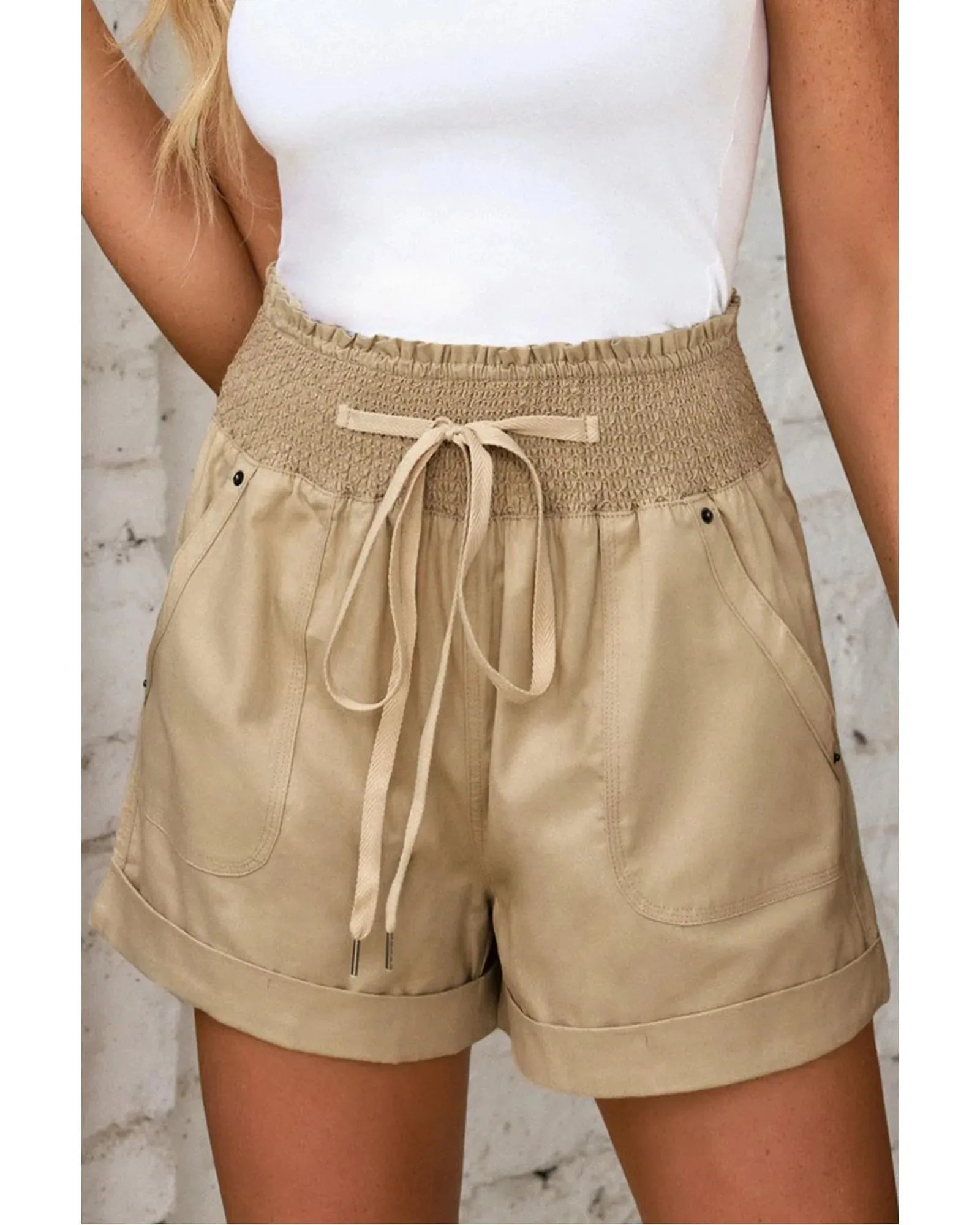 Azura Exchange Drawstring Khaki High Waist Shorts - L - ScarlettRolling