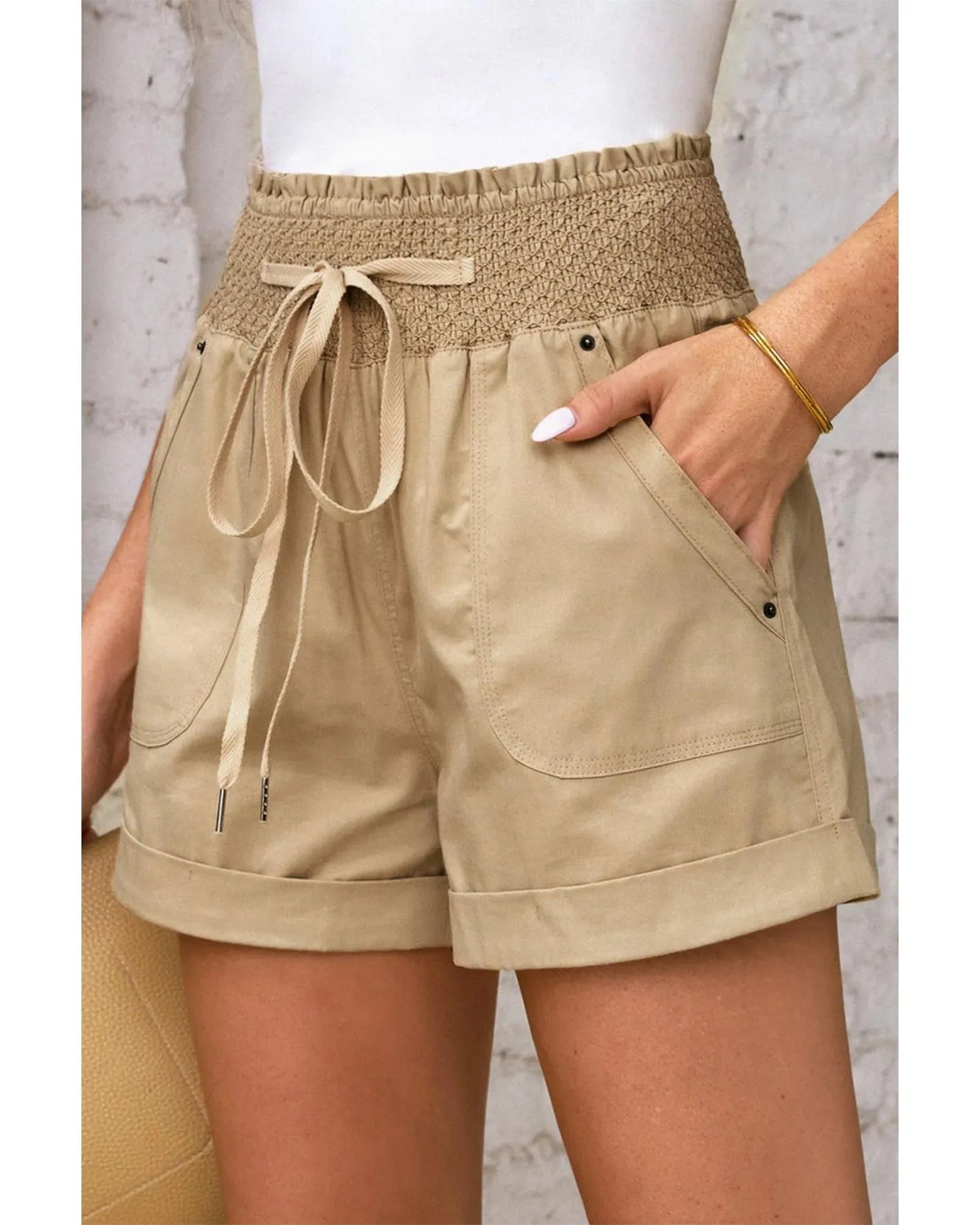 Azura Exchange Drawstring Khaki High Waist Shorts - L - ScarlettRolling