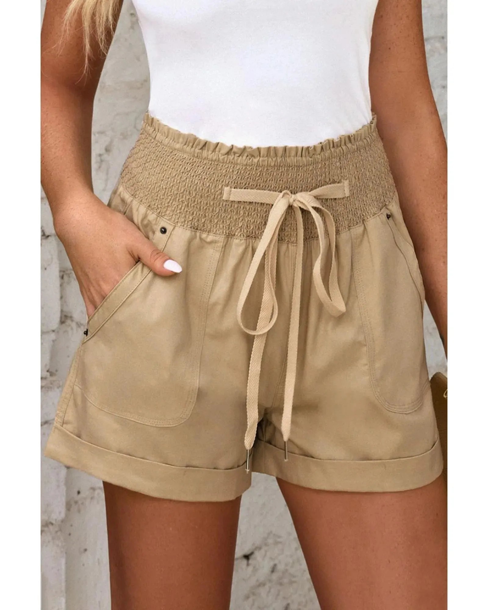 Azura Exchange Drawstring Khaki High Waist Shorts - L - ScarlettRolling