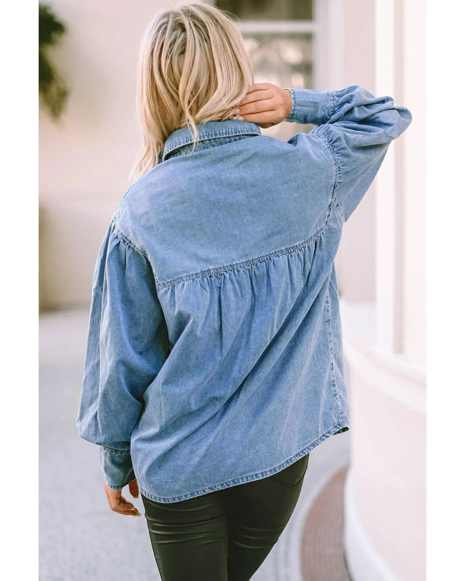 Azura Exchange V-shape Stitching Puff Sleeve Denim Shirt - S - ScarlettRolling