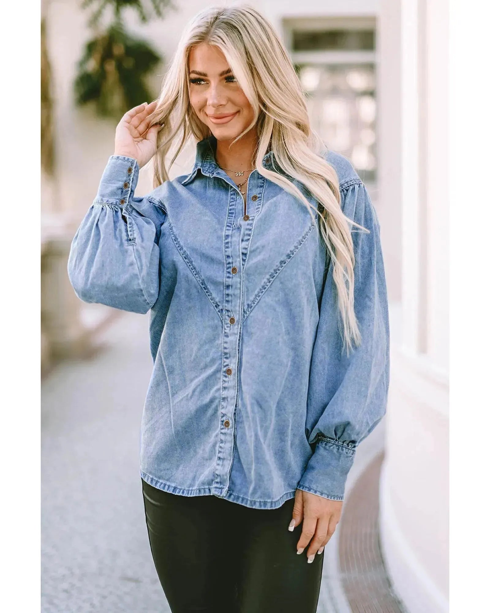 Azura Exchange V-shape Stitching Puff Sleeve Denim Shirt - S - ScarlettRolling