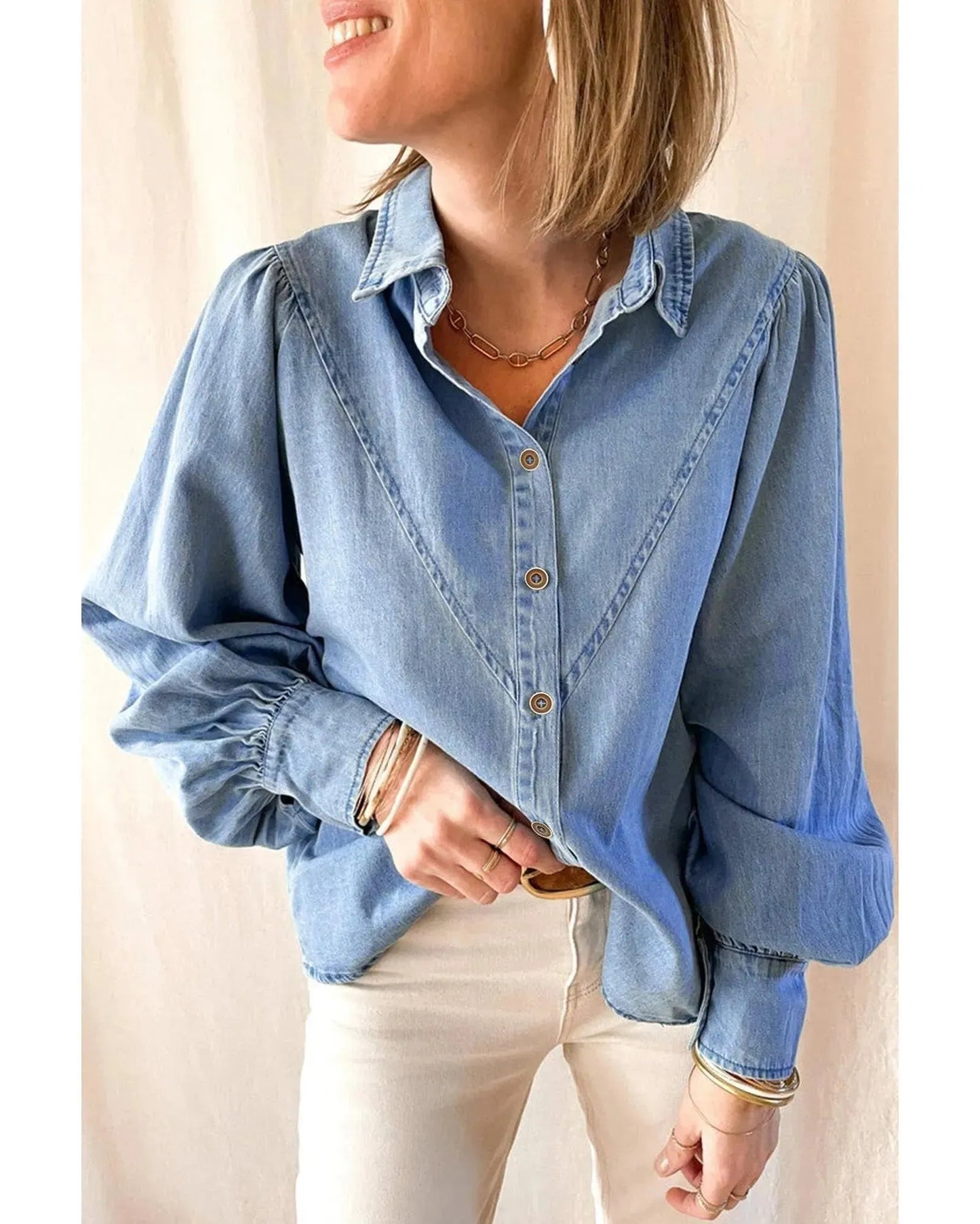 Azura Exchange V-shape Stitching Puff Sleeve Denim Shirt - S - ScarlettRolling