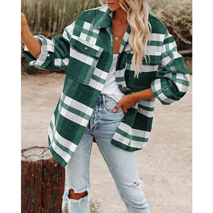 Women long sleeved lapel loose plaid thickened woolen jacket - Scarlett Rolling