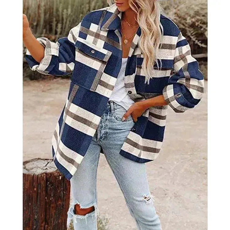 Women long sleeved lapel loose plaid thickened woolen jacket - Scarlett Rolling