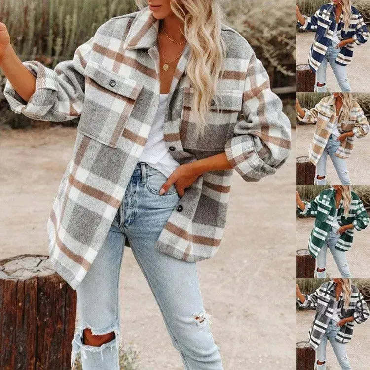 Women long sleeved lapel loose plaid thickened woolen jacket - Scarlett Rolling