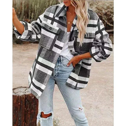 Women long sleeved lapel loose plaid thickened woolen jacket - Scarlett Rolling