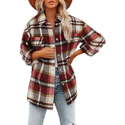 Women long sleeved lapel loose plaid thickened woolen jacket - Scarlett Rolling