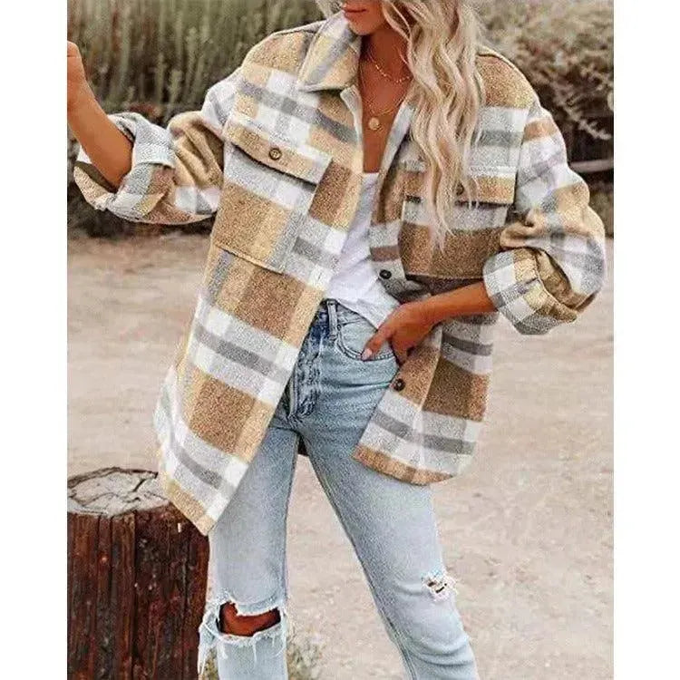 Women long sleeved lapel loose plaid thickened woolen jacket - Scarlett Rolling