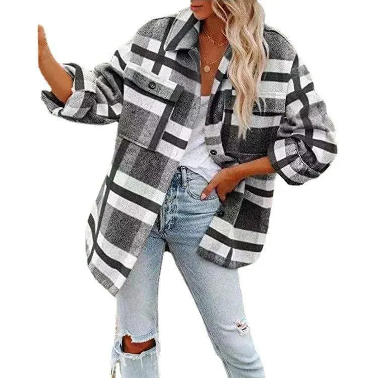 Women long sleeved lapel loose plaid thickened woolen jacket - Scarlett Rolling